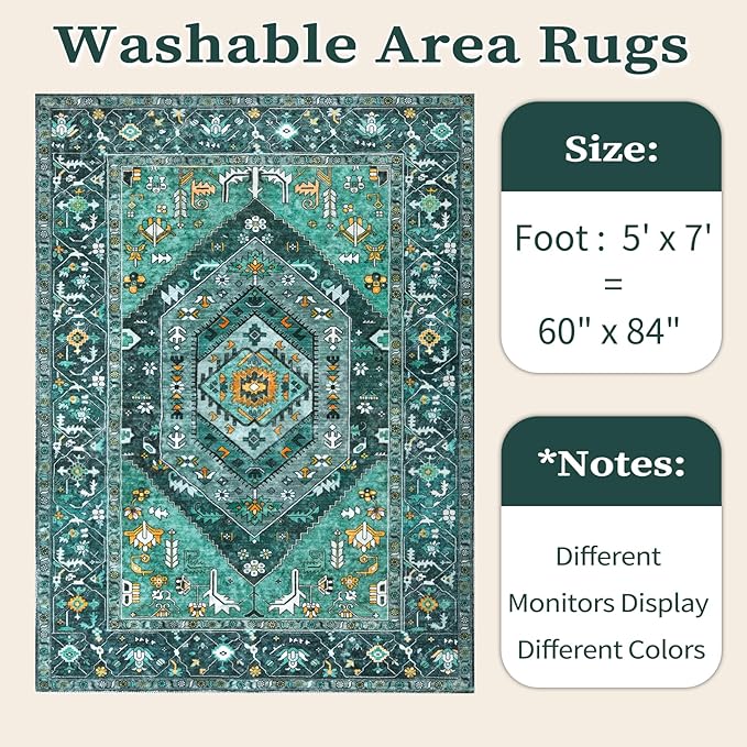 SERISSA Boho Area Rug 5x7 Teal, Washable Large Rugs for Living Room, Ultra Soft Non-Slip Bedroom Rug Print Distressed Vintage Tribal Farmhouse Carpet Rug for Dining Room Dorm Office Home Decor