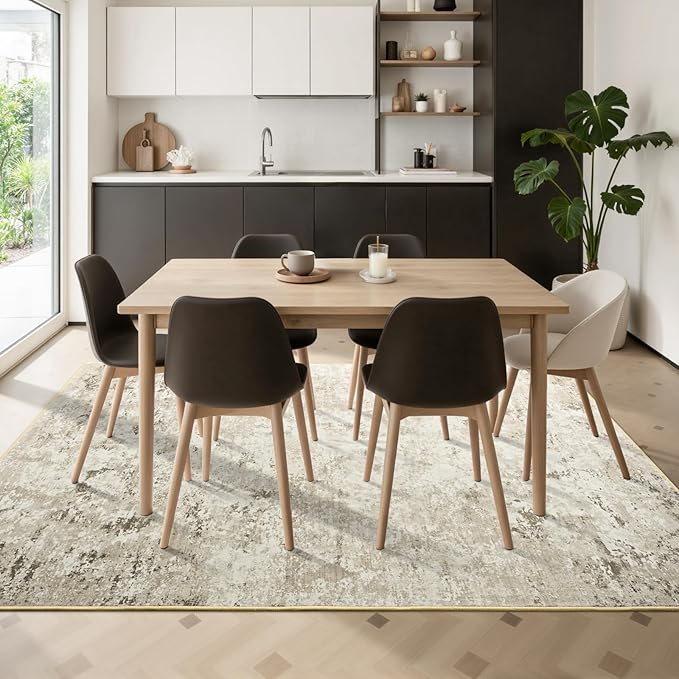 Toneed Abstract Area Rug Modern Washable Rug Soft Non Slip Rug Low Pile for Bedroom Living Room Dining Room Beige 5x7 Feet