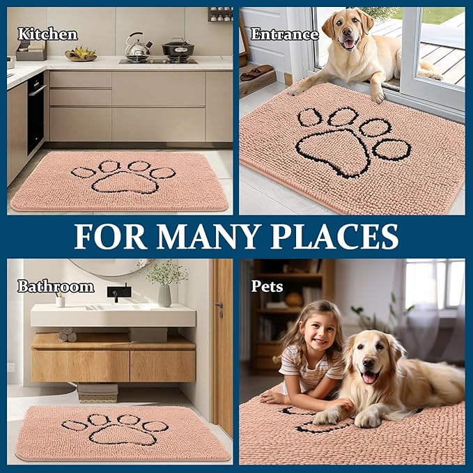 OLANLY Dog Door Mat for Muddy Paws 48x30, Paw Print Design, Absorbs Moisture and Dirt, Absorbent Non-Slip Washable Doormat, Quick Dry Chenille Mud Mat for Dogs, Entry Indoor Entryway Carpet, Peach