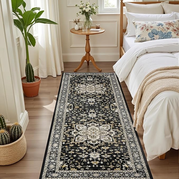Hallway Runner Rug Non Slip - Washable 2.6x8 Kitchen Rugs for Living Room, Low-Pile Soft Bedroom Rug Indoor Floor Stain Resistant Carpets for Entryway, Laundry, Bathroom Black Gold