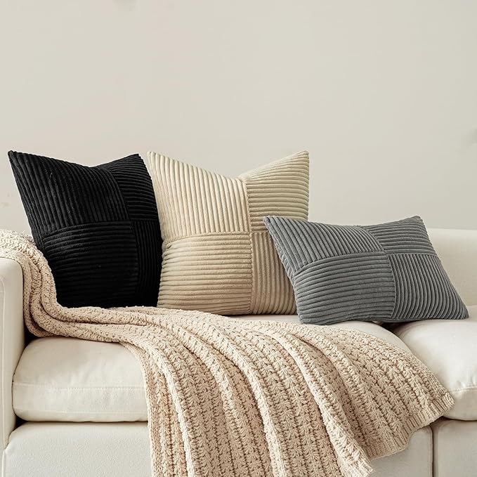 MIULEE Black Decorative Lumbar Throw Pillow Covers 12x24 Inch for Couch Bed Sofa Pack of 2 Boho Farmhouse Throw Pillows Soft Cross Corduroy Patchwork Textured Cushion Cases