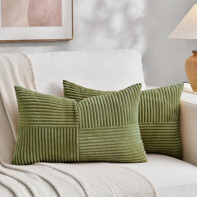 Fancy Homi 2 Packs Moss Green Lumbar Decorative Throw Pillow Covers 14x22 Inch for Living Room Couch Bed, Rustic Farmhouse Boho Home Decor, Soft Striped Corduroy Rectangle Accent Cushion Case 35x55 cm