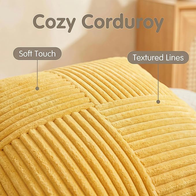 Fancy Homi 2 Packs Yellow Decorative Throw Pillow Covers 16x16 Inch for Living Room Couch Bed, Rustic Farmhouse Boho Home Decor, Soft Corss Patchwork Corduroy Textured Square Cushion Case 40x40 cm