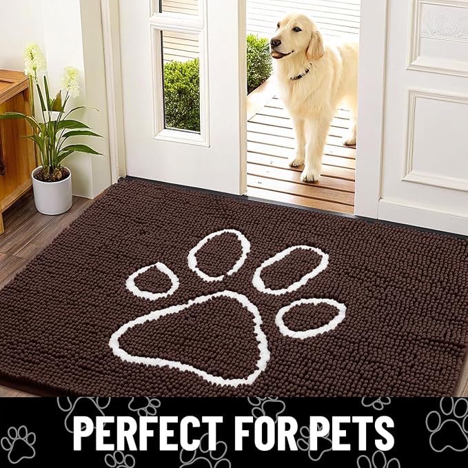 Smiry Dog Door Mat for Muddy Paws, Absorbent Dirt Trapper Non Slip Quick Dry Washable Chenille Mat for Mud Dogs, Entry Rug for Indoor and Outdoor (30x20 Inches, Brown and White)