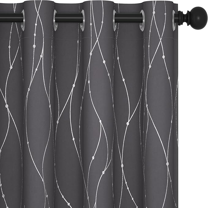 Deconovo Gray Curtains for Living Room, Blackout Drapes, Protect Pravicy Thermal Insulated Soundproof Window Drape, Wave Dots Foil Print, 52 x 108 Inch, Set of 2 Panels for Bedroom Sliding Glass Door