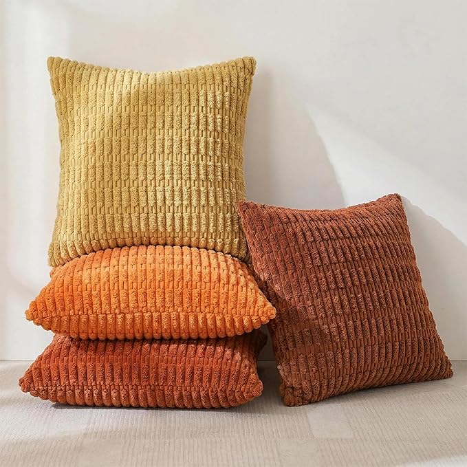 Fancy Homi Set of 4 Burnt Orange Fall Boho Decorative Throw Pillow Covers 22x22 Inch for Couch Bed Sofa, Aesthetic Modern Bohemian Room Decor, Soft Fuzzy Cozy Corduroy Textured Cushion Case 55x55cm