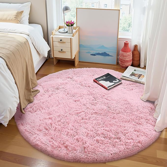 OLANLY Pink Round Rugs for Bedroom - Machine Washable, 9 ft Circle Area Rugs for Living Room, Soft and Fluffy Shaggy Carpet for Teen Girls and Boys, Nursery Rooms, Dorms, Home Decor Aesthetic