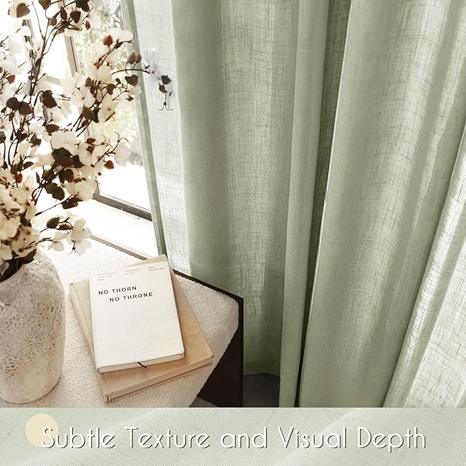 Linen Blend Sage Green Curtains 102 inch Length 2 Panels for Bedroom Back Tab Light Filtering Semi Sheer Drapes Linen Cotton Textured Light Green Airy Modern Farmhouse Living Room Sage Aesthetic Decor