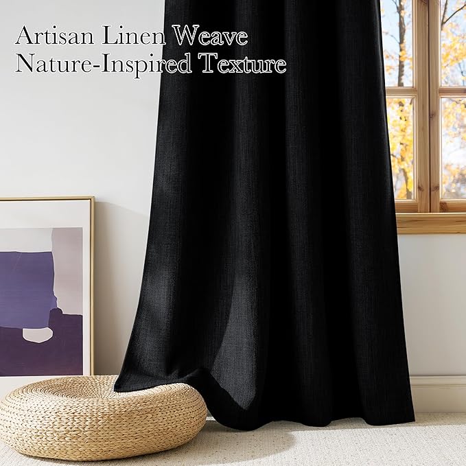 NICETOWN Faux Linen Black Blackout Curtains 84 inches Long for Living Room - Privacy Panels for Bedroom, Modern Farmhouse Style Easy Care Grommet Top, 2 Panels, W52 by L84