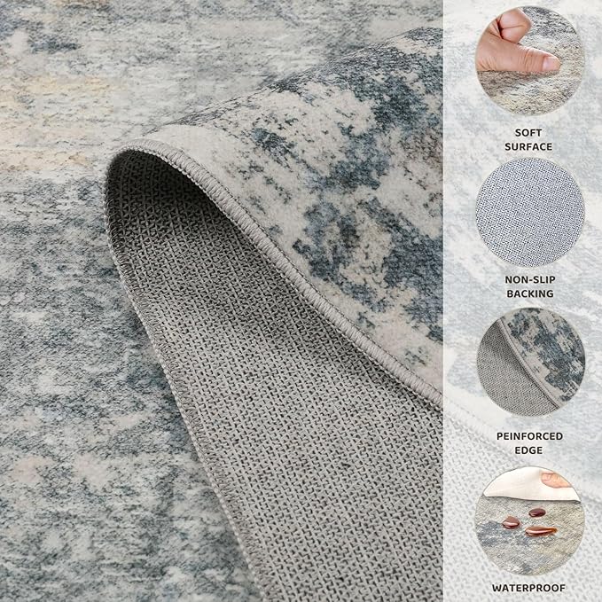 UERMEI 3x5 Area Rug Living Room Rugs - Washable Neutral Modern Abstract Soft Thin Rug Indoor Floor No Slip Rug Carpet for Bedroom Under Dining Table Home Office Decor - Blue Grey
