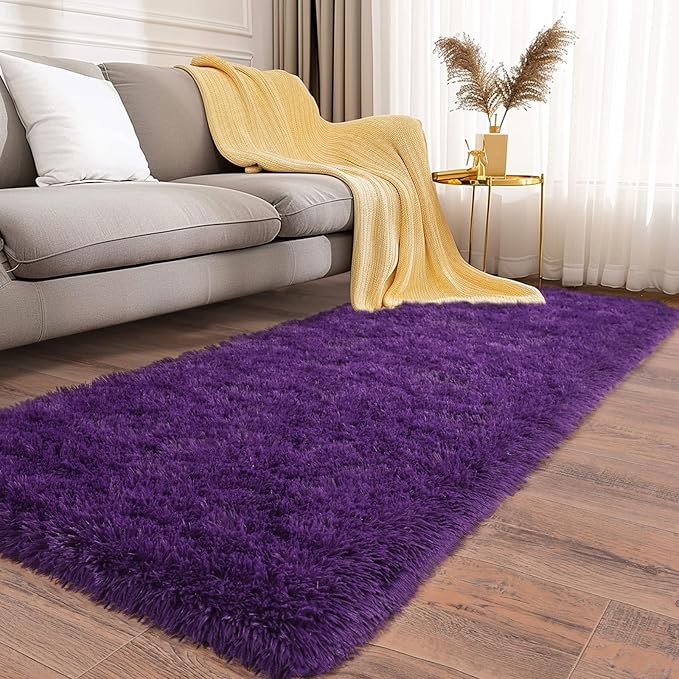 Fluffy Shag Runner Rugs for Bedroom Hallways, 2x8 Purple Long Soft Throw Area Rug Non Slip for Bedside Dorm, Shaggy Furry Carpet for Nursery Living Room Home Decor