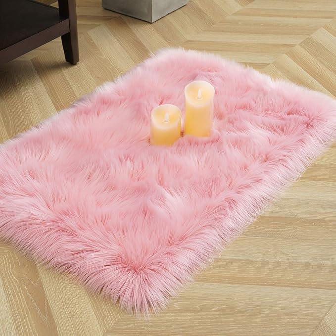 LOCHAS Soft Fluffy Faux Fur Rugs for Bedroom Bedside Rug 2x3 Feet, Washable, Furry Sheepskin Area Rug for Living Room Girls Room, Luxury Shag Carpet Home Decor, Pink