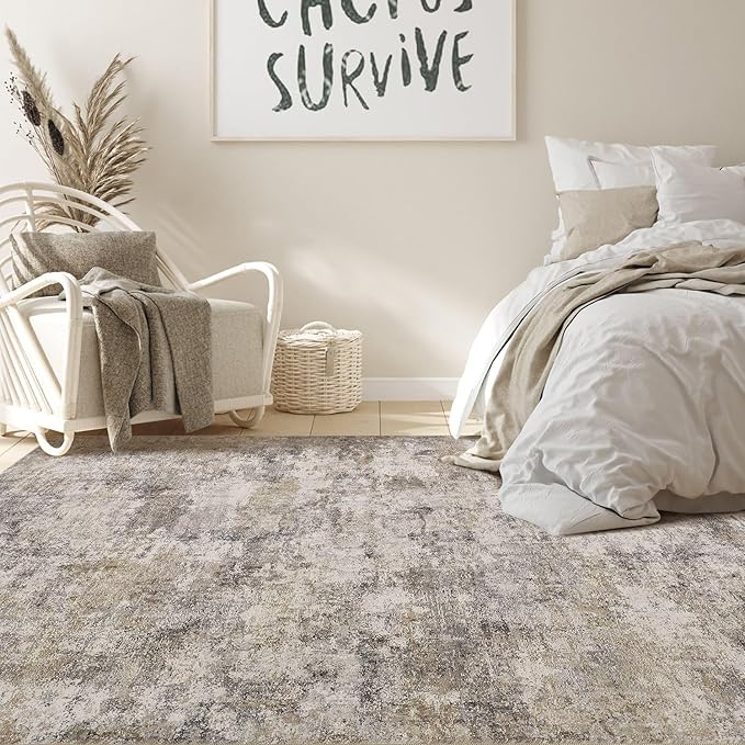 Nakagishi 7x9 Area Rugs Living Room: Washable Abstract Large Neutral Soft Rug Stain Resistant Modern Indoor Floor Non-Slip Carpet for Bedroom Nursery Kids Playroom Office Dining Room Dorm- Brown Grey