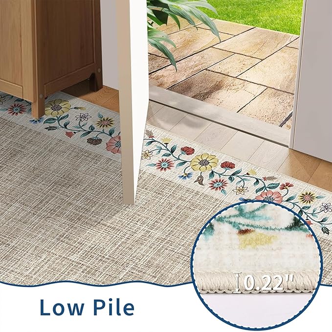 GarveeHome Entryway Rug 2x6 Modern Bordered Runner Rug Washable Kitchen Runners for Hallway Non-Slip Low-Pile Soft Carpet Floral Print Bathroom Mat for Bedroom Laundry Room, Light Camel