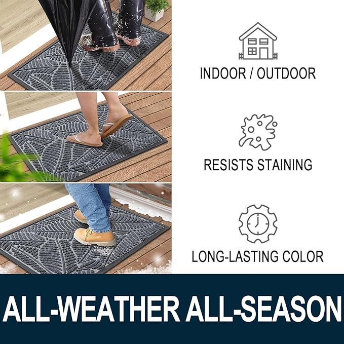 Colorxy Waterproof Doormat, Sturdy Natural Rubber Front Indoor Mat, Non Slip Low Profile Indoor Outdoor Door Mats, Stain and Fade Resistant Floor Mat, Easy Clean Patio Entrance Mat, 59''x23'', Grey