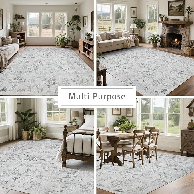Washable Rugs 8x10 Area Rugs for Living Room,Bedroom,Dining Room- Large Ultra Soft Faux Wool Retro Carpet,Non Slip&Non-Shedding Low Pile Vintage Rug for Home Office Dorm Playroom-Tree Gray