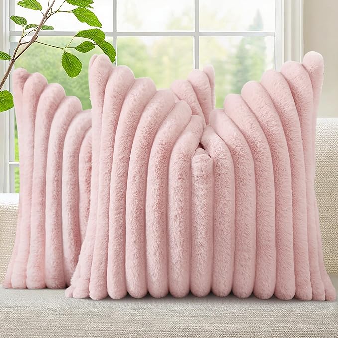 decorUhome Summer Cozy Faux Fur Throw Pillow Covers 26x26 Set of 2 Decorative Soft Plush Striped Modern Farmhouse Boho Couch Euro Sham Pillow Cases with Velvet Back for Sofa Bed Living Room, Pink