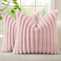 decorUhome Summer Cozy Faux Fur Throw Pillow Covers 26x26 Set of 2 Decorative Soft Plush Striped Modern Farmhouse Boho Couch Euro Sham Pillow Cases with Velvet Back for Sofa Bed Living Room, Pink
