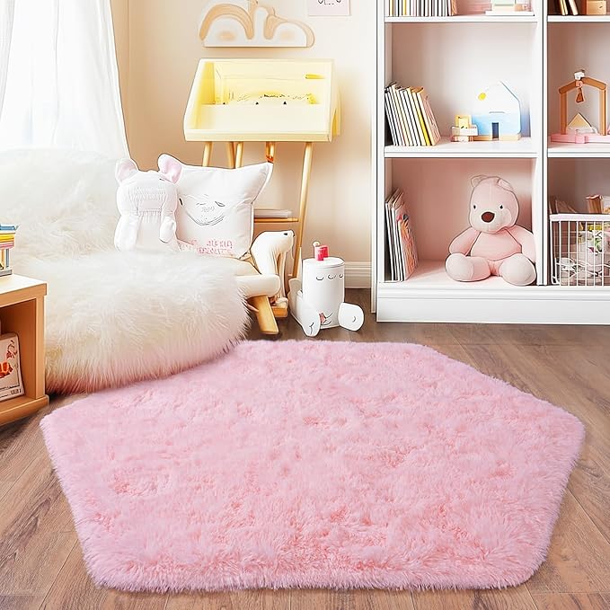 4x4.6 Feet Pink Hexagon Rugs for Princess Tent, Ultra Soft Fluffy Hexagon Area Rug for Bedroom, Cute Shag Rugs for Girls Room, Fuzzy Plush Carpet for Kids Room Tent Castle Home Decor