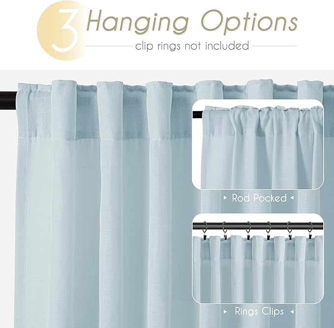 Sky Blue Curtains 96 inch Length for Bedroom Back Tab Light Filtering Semi Sheer Blue Living Room Curtains Linen Cotton Textured Drapery Panel Aesthetic Decor Light Blue 52x96