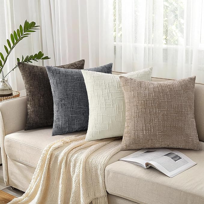 decorUhome Oatmeal Chenille Throw Pillow Covers 18x18 Set of 2 Textured Soft Cozy Slubby Couch Pillow Covers Modern Farmhouse Boho Decorative Pillow Cases for Bed Sofa Living Room