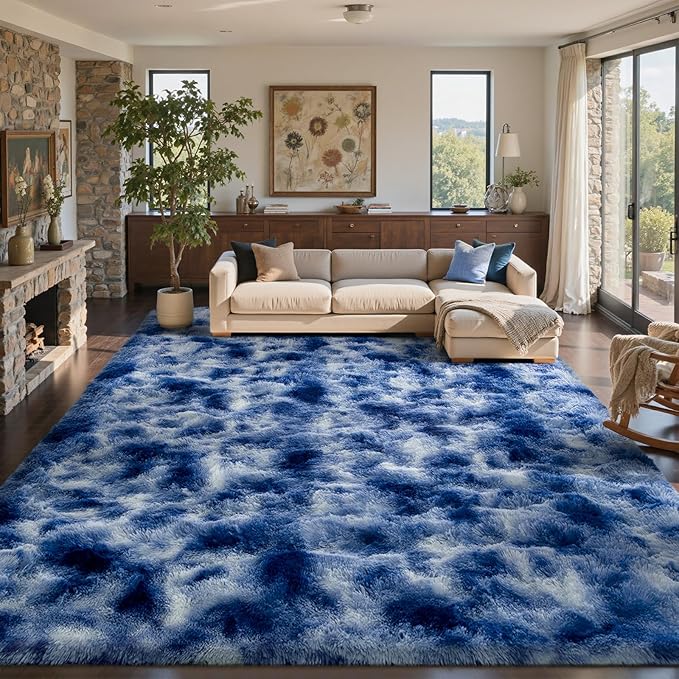9x12 Ft Extra Large Shag Rugs for Living Room, Ultra Soft Fluffy Furry Area Rugs for Bedroom Indoor Floor, Aesthetic Carpet for Kids Home Decor (Blue)