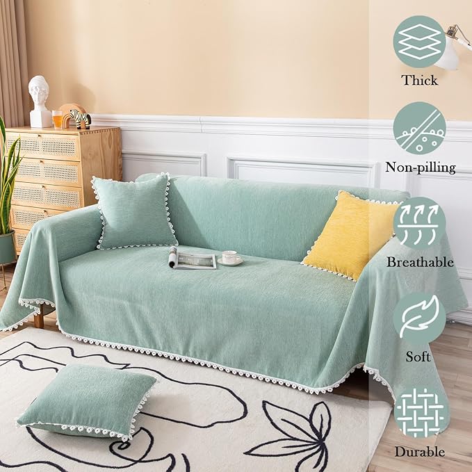 HANDONTIME Light Green Couch Covers for 3 Cushion Couch Sofa Cute Sofa Covers Chenille Couch Cover for Dogs Sectional Sofa L Shape Futon Couch (71" X134", Green)