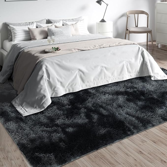 Shag Area Rugs for Bedroom Living Room,4X6 Ultra Soft Fluffy Area Rugs for Dorm, Indoor Carpet Nursery Rugs for Kids Room Home Decor, Black Grey