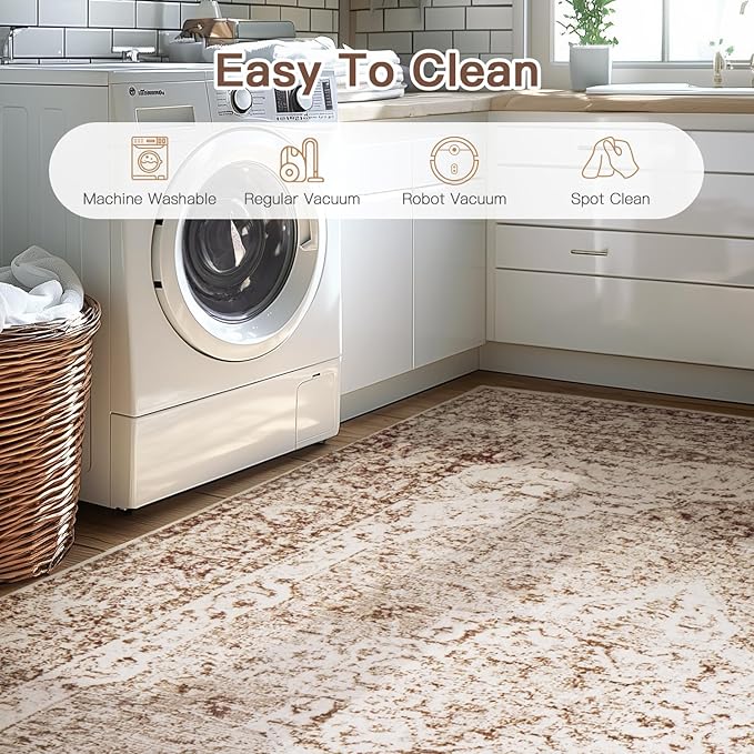 Lofus 2x10 Runner Rug for Hallways, Washable Kitchen Rugs, Non-Slip Rugs for Entryway and Bedroom, Vintage Boho Carpet, Soft Low Pile Long Runner Area Rug, Vintage Beige Brown