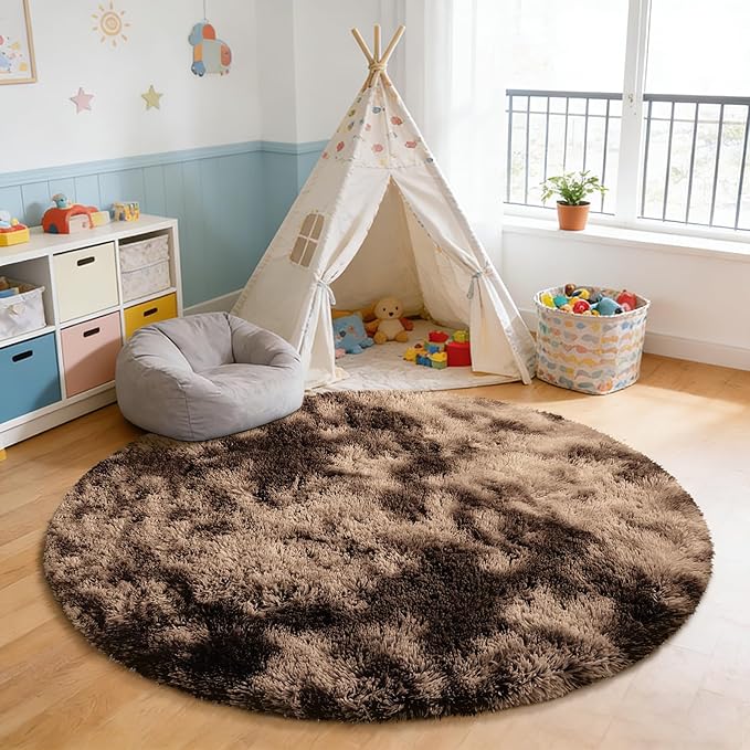 Fluffy Round Rug,Soft Area Rugs for Girls Room,Shaggy Rugs 6'X6' for Living Room,Non Slip Circle Rug for Kids Bedroom,Shag Plush Nursery Carpets,Fuzzy Rug for Dorm,Room Decor Carpet,Tie-Dyed Coffee