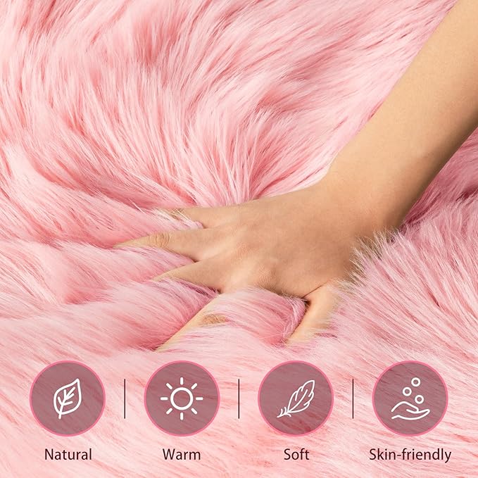 Ciicool Ultra Soft Faux Sheepskin Fur Rug Fluffy Rug for Bedroom Fuzzy Carpet for Living Room Kid's Room Nursery Decor, Pink 2 x 6 Feet