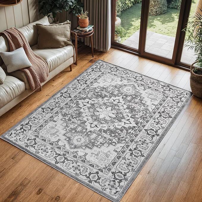 Lofus 3x5 Area Rugs for Living Room, Machine Washable Area Rug, Soft Small Rugs for Bedroom, Kitchen, Office and Indoor, Vintage Boho Carpet, Non-Slip Low Pile Carpets, Floral Grey