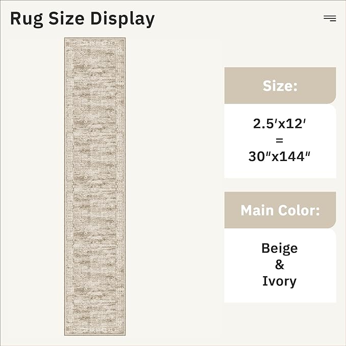 Runner Rug 2'6" x 12' Washable Non-Slip Runner Rugs for Kitchen Bathroom Laundry Room Vintage Ultra Thin Runners for Hallway Entryway Brown