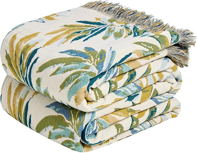 MSGKV Boho Throw Blanket for Bed Cotton 60"x80" Leaves Blanket Twin Size Couch All Seasons Muslin Spring Breathable Lightweight Farmhouse Blankets