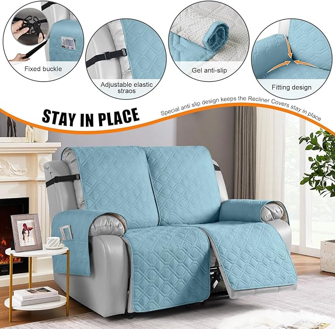 VANSOFY Waterproof Recliner Couch Covers, Sofa Covers 1-Piece Washable Reclining Sofa Cover Non-Slip Furniture Protector with Elastic Straps Pocket for Dogs, Pets(Azuree,2 Seater)