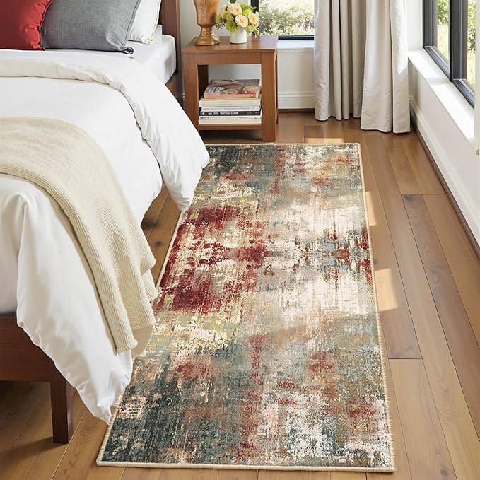 Washable Area Rugs 2'x8' Non-Slip Modern Abstract Soft for Living Room Entryway Bedroom Nursery, Print Pattern, Brown Rust Red Green Blue Multi
