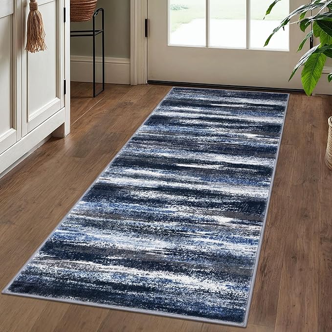 Lansny Modern Abstract Runner Rug 2x5, Navy Blue Washable Entryway Kitchen Runner Non-Slip Soft Hallway Rug Runner Thin Print Faux Wool Carpet for Bedroom Laundry Room Indoor