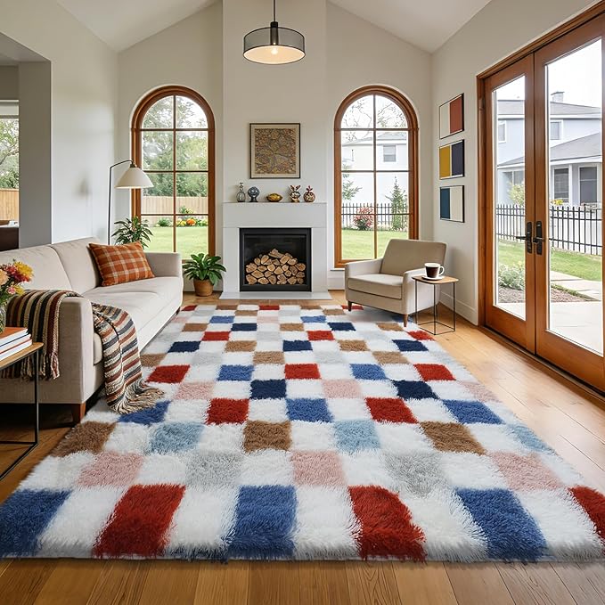 Large Shag Area Rug for Bedroom Living Room,9x12 Fluffy Soft Colorful Checkered Rug Fuzzy Shaggy Bedroom Carpet,Indoor Plush Floor Rugs for Kids Boys Girls Teen Dorm Nursery Home Decor