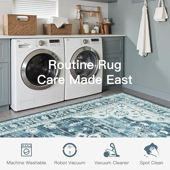Lofus 8x10 Washable Area Rug, Vintage Floral Rugs for Living Room, Bedroom, Dinning Room, Low Pile Large Area Rugs with Non-Slip Backing, Sunflower Print Pattern, Neutral Blue