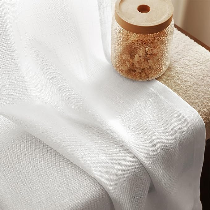 White Linen Curtains 72 inch Long 2 Panel Set for Living Room Back Tab Rod Pocket Semi Sheer Light Filtering Bedroom Window Curtain 72 inch Length Cotton Textured Modern Elegant Coastal Drapes