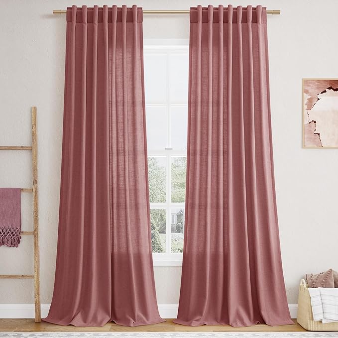 Canyon Rose Linen Curtains 102 Inches Long Rod Pocket Back Tab Drapes 2 Panels Set for Living Room Sheer Light Filtering Semi Sheer Dusty Rose Curtain 102 Length for Patio Sliding Glass Door 52x102