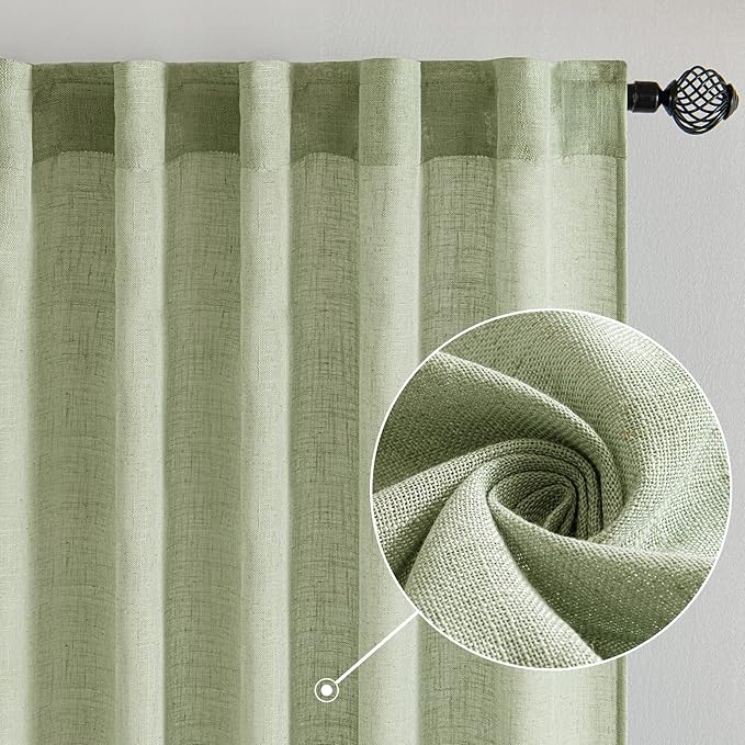 MIULEE Sage Green Linen Curtains 102 Inch Length 2 Panels for Bedroom Living Room, Soft Thick Linen Textured Window Drapes Semi Sheer Light Filtering Back Tab Rod Pocket Burlap Look Decor