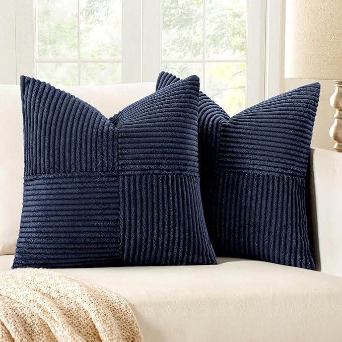 MIULEE Navy Blue Decorative Throw Pillow Covers 18x18 Inch for Couch Bed Sofa Pack of 2 Boho Farmhouse Throw Pillows Soft Cross Corduroy Patchwork Textured Cushion Cases