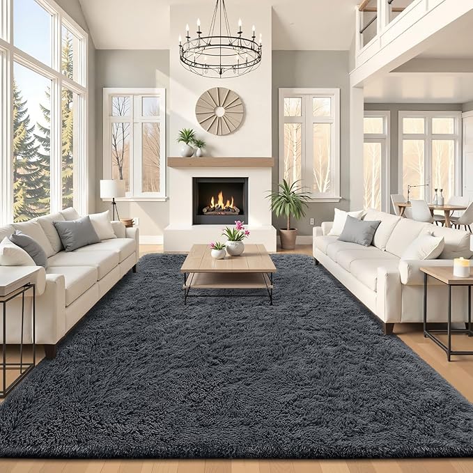 OLANLY 8x12 Machine Washable Large Area Rugs for Living Room, Bedroom, Soft Fluffy Shaggy Bedside Rug, Indoor Floor Carpet for Kids Girls and Boys, Dorms, Nursery, Home Decor Aesthetic, Grey