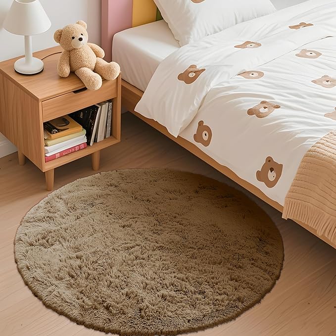 OLANLY Taupe Round Rugs for Bedroom - Machine Washable, 3 ft Circle Area Rugs for Living Room, Soft and Fluffy Shaggy Carpet for Teen Girl and Boys, Nursery Rooms, Dorms, Home Decor Aesthetic