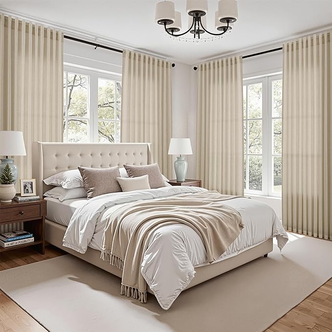 Nanspring Eggshell Beige Linen Curtains 96 Inches Long for Living Room Rustic Luxury Light Filtering Semi Sheer Curtain Back Tab Neutral Coastal Decor Drapes for Bedroom Office 52x96, 2 Panels