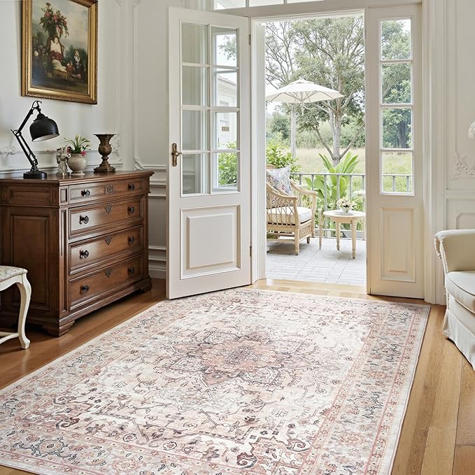 Lofus 5x7 Area Rugs for Living Room, Washable Area Rug, Rugs for Bedroom, Kitchen, Vintage Boho Carpet, Soft Non-Slip, Low Pile Large Area Rug for Office Dining Room, Pink