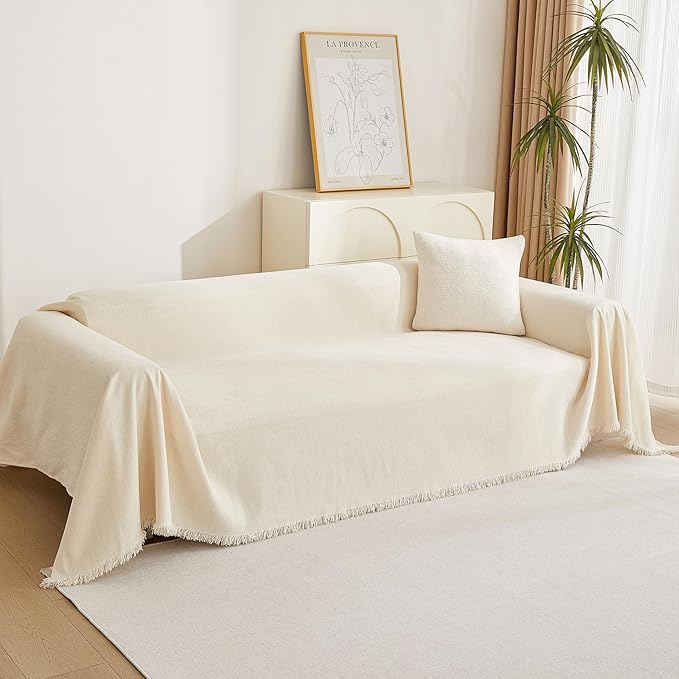 MYSKY HOME Beige Couch Covers Boho Style Chenille for 2 Cushion L-Shape Washable Couch Blanket with Tassel Pet Cushion Cover, 71" X102