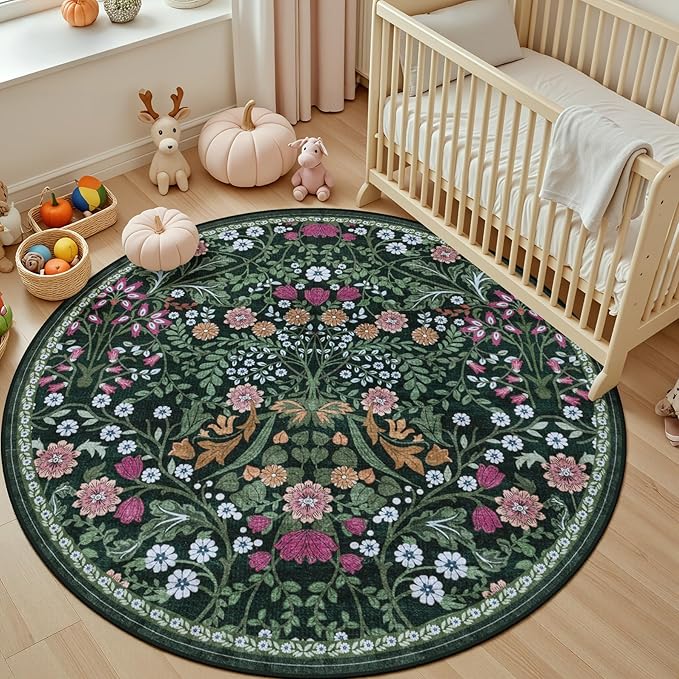 Round Area Rug for Living Room: 6 ft Floral Washable Circle Rug Soft Boho Non-Slip Carpet Indoor Stain Resistant Low Pile Small Circular Rug for Bedroom Entryway Kitchen Nursery Home Office Dark Green