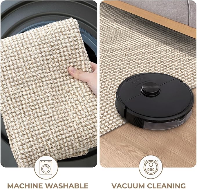 KOZYFLY Long Runners for Hallways 3x12 ft Washable Kitchen Runner Non Slip Rubber Backed Hallway Rugs Cotton Entryway Runner Rug Floor Carpet for Indoor Hall, Backdoor, Kitchen, Ivory/Khaki